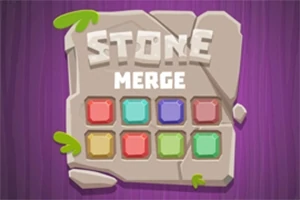 Hình ảnh hiển thị một tấm đá với dòng chữ Stone Merge và chín ô vuông nhiều màu sắc trên nền tím