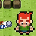 Một nhân vật với mái tóc đỏ trong phong cách đồ họa pixel, đứng trên nền cỏ xanh với chữ STONE SMACKER ở góc trái