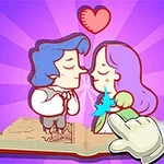 Một cuốn sách mở với hai nhân vật hoạt hình đang hôn nhau, có trái tim đỏ phía trên và bàn tay đang chỉ vào họ, trên nền màu tím