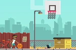 Cậu bé pixel đang cầm bóng rổ đi bộ gần sân bóng với nền thành phố
