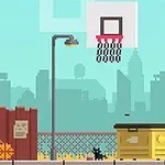 Cậu bé pixel đang cầm bóng rổ đi bộ gần sân bóng với nền thành phố