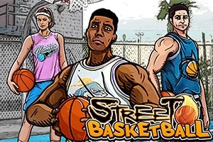 Ba người mặc áo thể thao cầm bóng rổ đứng trên sân bóng rổ ngoài trời với dòng chữ Street Basketball phía trước
