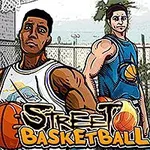 Ba người mặc áo thể thao cầm bóng rổ đứng trên sân bóng rổ ngoài trời với dòng chữ Street Basketball phía trước