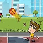 Một nhân vật hoạt hình đang ném bóng rổ vào rổ trên sân bóng, với cảnh nền là thành phố và công viên