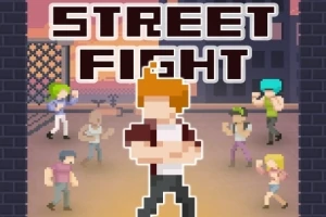 Nhân vật pixel đứng ở trung tâm với vẻ mặt kiên quyết, xung quanh là nhiều người trong tư thế chuẩn bị chiến đấu, cùng dòng chữ Street Fight phía trên