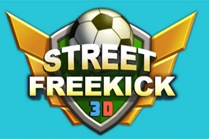 Huy hiệu với bóng đá ở giữa, dòng chữ Street Freekick 3D màu trắng trên nền xanh và vàng
