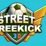 Huy hiệu với bóng đá ở giữa, dòng chữ Street Freekick 3D màu trắng trên nền xanh và vàng