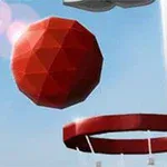 Quả bóng đỏ đa giác đang bay hướng về phía rổ bóng rổ trên nền trời xanh