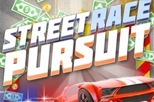 Tiêu đề Street Race Pursuit nổi bật trên nền màu sắc rực rỡ với hình ảnh xe hơi màu đỏ phía dưới và tiền mặt xung quanh