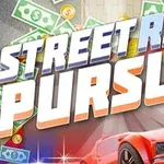 Tiêu đề Street Race Pursuit nổi bật trên nền màu sắc rực rỡ với hình ảnh xe hơi màu đỏ phía dưới và tiền mặt xung quanh