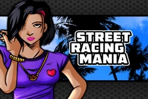 Một nhân vật hoạt hình nữ tóc ngắn, mặc áo tím đứng bên cạnh chữ Street Racing Mania với nền cây cọ và bầu trời xanh