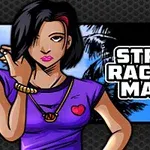 Một nhân vật hoạt hình nữ tóc ngắn, mặc áo tím đứng bên cạnh chữ Street Racing Mania với nền cây cọ và bầu trời xanh