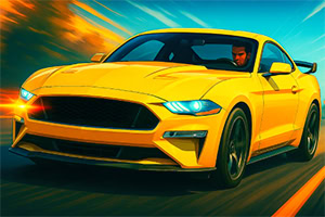 Chiếc xe thể thao màu vàng đang chạy nhanh trên con đường với ánh sáng đèn pha sáng rực