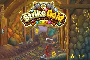 Hình ảnh một hầm mỏ vàng với đường ray xe đẩy, đèn lồng sáng và dòng chữ Strike Gold nổi bật