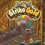 Hình ảnh một hầm mỏ vàng với đường ray xe đẩy, đèn lồng sáng và dòng chữ Strike Gold nổi bật