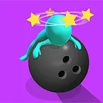 Hình ảnh một nhân vật màu xanh ngọm ngàu ngồi trên một quả bóng bowling màu đen, với các ngôi sao vàng xoay quanh đầu, nền màu tím