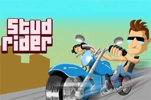 Người đàn ông hoạt hình đeo kính râm lái xe mô tô màu xanh với chữ Stud Rider phía bên trái