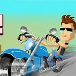 Người đàn ông hoạt hình đeo kính râm lái xe mô tô màu xanh với chữ Stud Rider phía bên trái