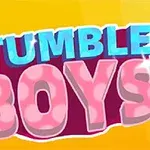 Hình ảnh hiển thị chữ Stumble Boys màu xanh và hồng trên nền vàng, với một nhân vật hoạt hình nhỏ đang chạy trên chữ