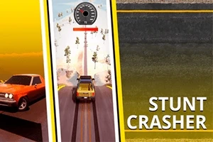 Ô tô màu cam đang lái trên đường với đồng hồ đo tốc độ, với dòng chữ Stunt Crasher bên cạnh