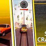 Ô tô màu cam đang lái trên đường với đồng hồ đo tốc độ, với dòng chữ Stunt Crasher bên cạnh