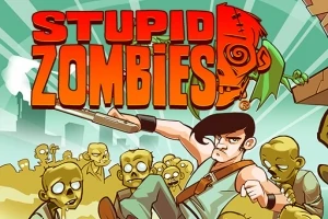 Người đàn ông cầm súng đứng trên đống zombie với chữ lớn màu đỏ phía trên