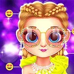 Một cô gái hoạt hình với mái tóc tết, đeo kính màu sắc, hoa tai lấp lánh và mặc váy màu vàng, nền màu tím có biểu tượng mặt cười