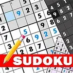 Hình ảnh gồm nhiều bảng số Sudoku với một cây bút chì màu vàng và chữ Sudoku màu trắng trên nền đỏ