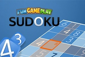 Hình ảnh hiển thị chữ SUDOKU với một lưới ô số màu xanh xám và các con số trắng, kèm theo logo FUN GAME PLAY