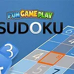 Hình ảnh hiển thị chữ SUDOKU với một lưới ô số màu xanh xám và các con số trắng, kèm theo logo FUN GAME PLAY