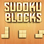 Chữ Sudoku Blocks nổi bật trên nền gỗ với các khối gạch hình dạng khác nhau phía dưới