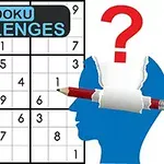Một bảng Sudoku với một cây bút chì đang đâm xuyên qua hình đầu người màu xanh và một dấu chấm hỏi lớn màu đỏ