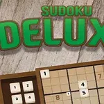 Tiêu đề Sudoku Deluxe màu xanh lá cây nổi bật trên nền gỗ với bảng sudoku phía dưới