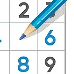 Bảng số với các số từ 1 đến 9 và một cây bút chì màu xanh