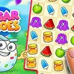 Một nhân vật hoạt hình vui nhộn đứng bên cạnh bảng với nhiều biểu tượng trái cây và kẹo đầy màu sắc