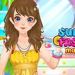 Một cô gái với tóc nâu dài mặc váy màu vàng đứng trước gương, nền có hoa văn mùa hè