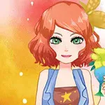 Cô gái hoạt hình tóc đỏ, cầm ly cocktail với trang trí hoa, đứng trước nền màu sắc sặc sỡ
