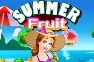 Người phụ nữ đội mũ rộng vành, cầm ly nước trên bãi biển với chữ Summer Fruit phía trên
