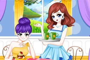Hai cô gái trong trang phục thời trang đang ngồi tại bàn với phong cảnh thiên nhiên nhìn qua cửa sổ