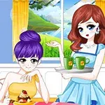 Hai cô gái trong trang phục thời trang đang ngồi tại bàn với phong cảnh thiên nhiên nhìn qua cửa sổ