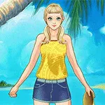 Cô gái tóc vàng mặc áo vàng và quần short xanh đứng trước bãi biển với cây cọ và túp lều xa xa