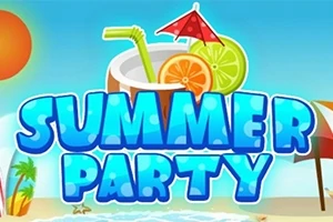 Hình ảnh bãi biển với ly nước mát, ô che nắng và chữ Summer Party sáng tạo