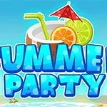 Hình ảnh bãi biển với ly nước mát, ô che nắng và chữ Summer Party sáng tạo