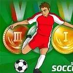 Một cầu thủ bóng đá mặc trang phục đỏ chuẩn bị sút bóng, phía sau là ba huy chương với nền xanh lá cây
