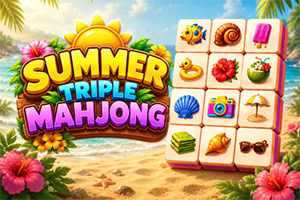 Bảng chữ Summer Triple Mahjong đầy màu sắc bên cạnh các ô biểu tượng mùa hè như hoa, máy ảnh, kem và kính mát trên nền bãi biển nhiệt đới