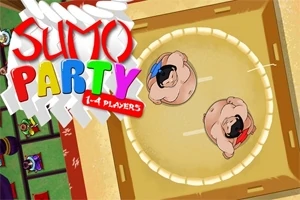 Hai võ sĩ sumo hoạt hình đối diện nhau trong vòng đấu với chữ Sumo Party đầy màu sắc ở góc trái trên