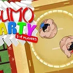 Hai võ sĩ sumo hoạt hình đối diện nhau trong vòng đấu với chữ Sumo Party đầy màu sắc ở góc trái trên
