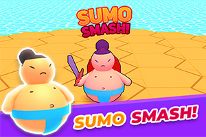 Hai nhân vật hoạt hình trong trang phục sumo với biểu cảm khác nhau đứng trên một sàn đấu màu vàng, phía trên có dòng chữ SUMO SMASH!