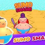 Hai nhân vật hoạt hình trong trang phục sumo với biểu cảm khác nhau đứng trên một sàn đấu màu vàng, phía trên có dòng chữ SUMO SMASH!