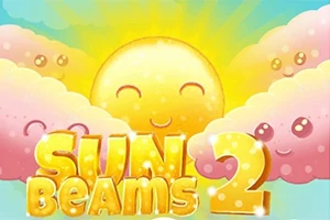 Mặt trời đang cười rạng rỡ giữa những đám mây hồng với dòng chữ Sun Beams 2 nổi bật bên dưới